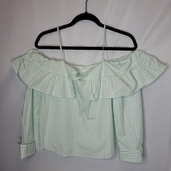 Abound Off Shoulder Mint Green Check Ruffled Top - Picture 1 of 4